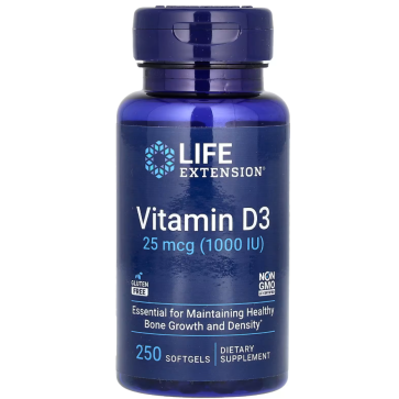Vitamin D3, 25 mcg (1,000 IU), 250 Softgels Life Extension Life Extension